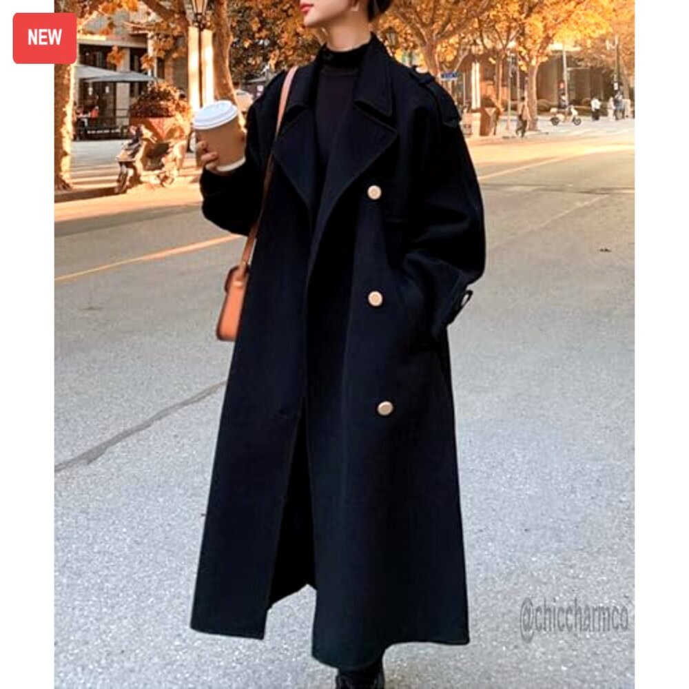 Women's Wool Blend Pea Coat Double Breasted Notch Lapel Long Sleeve Overcoat - Picture 3 of 6